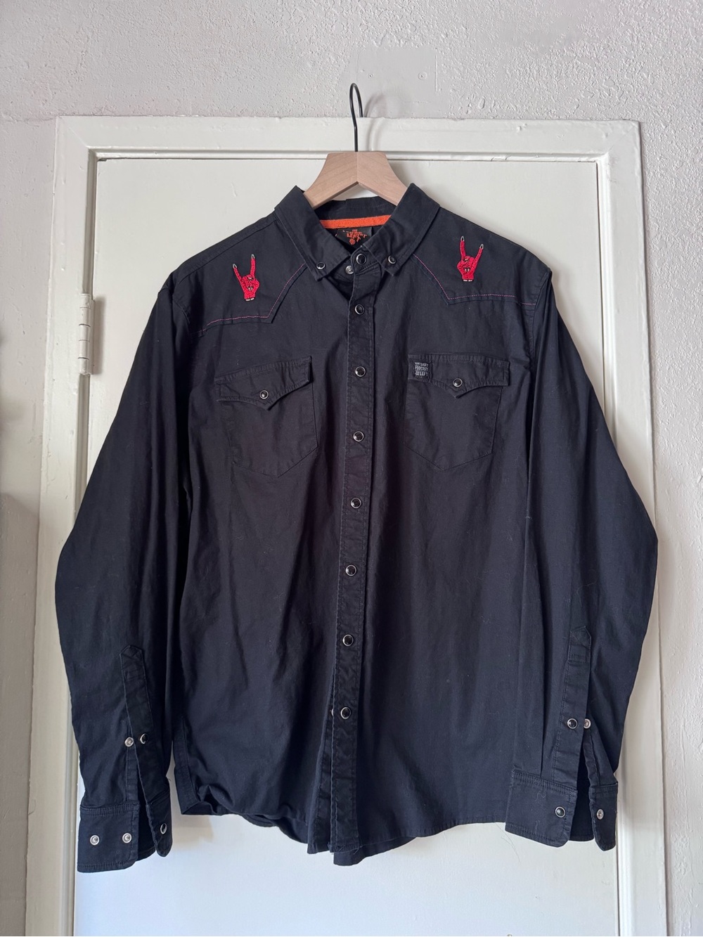 Men's Black Button-Down Shirt with Red Embroidered Accents